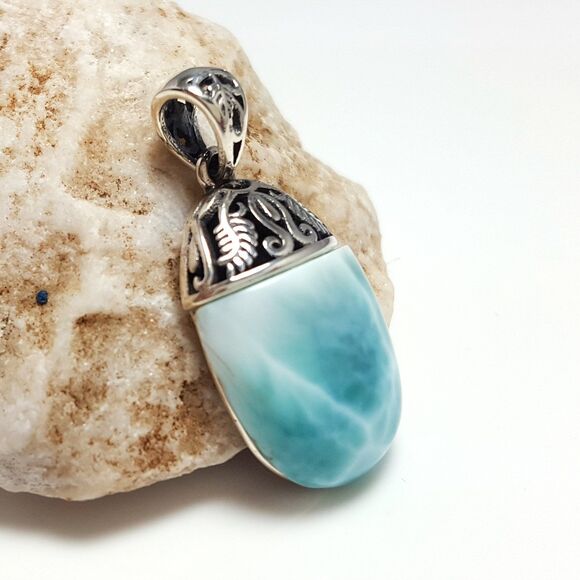 LARIMAR NECKLACE, CURB Chain Necklace, Larimar Gemstones, 925 Sterling Silver - Picture 2 of 3